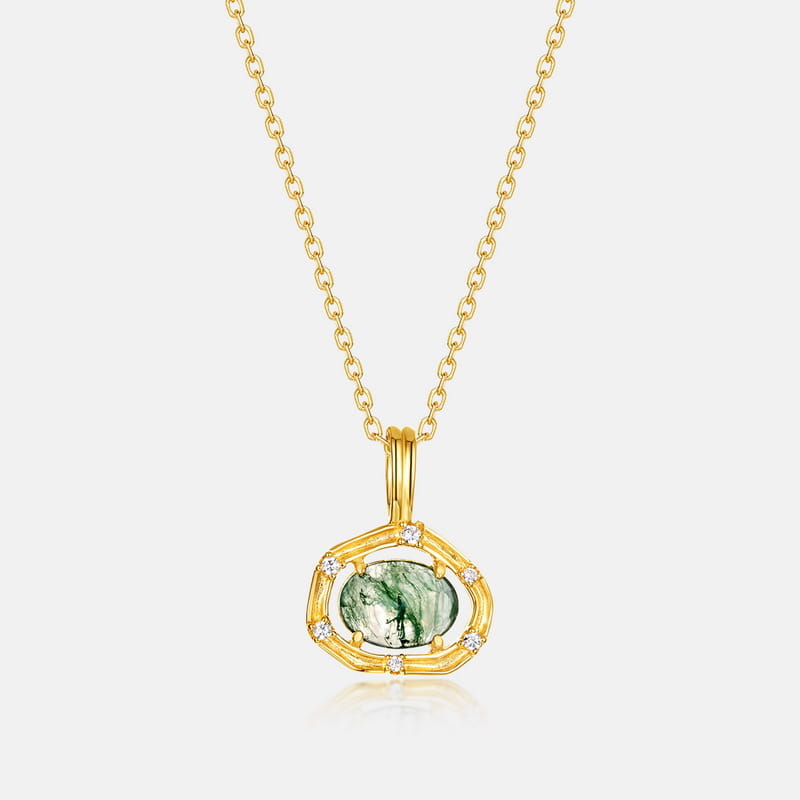 The Enchanted Nest | Oval Moss Agate Necklace with Halo Accents