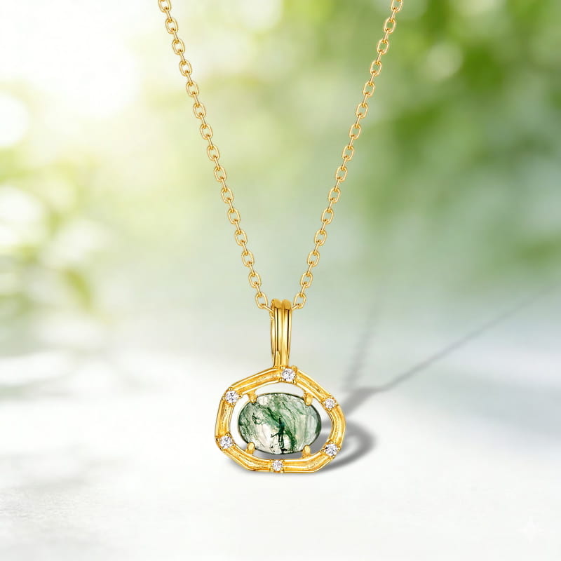 The Enchanted Nest | Oval Moss Agate Necklace with Halo Accents