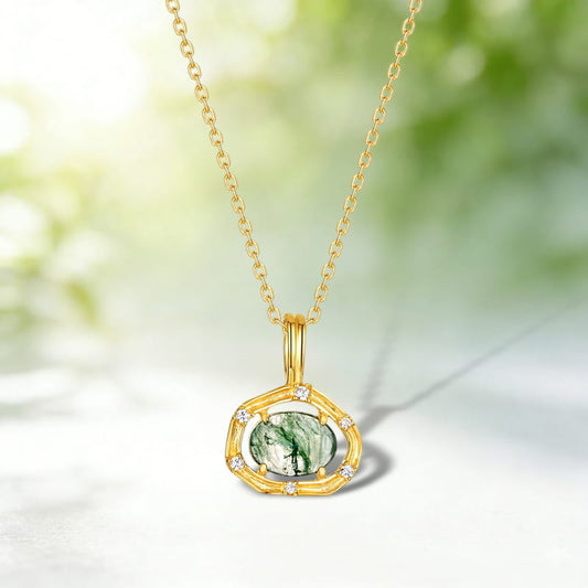 The Enchanted Nest | Oval Moss Agate Necklace with Halo Accents