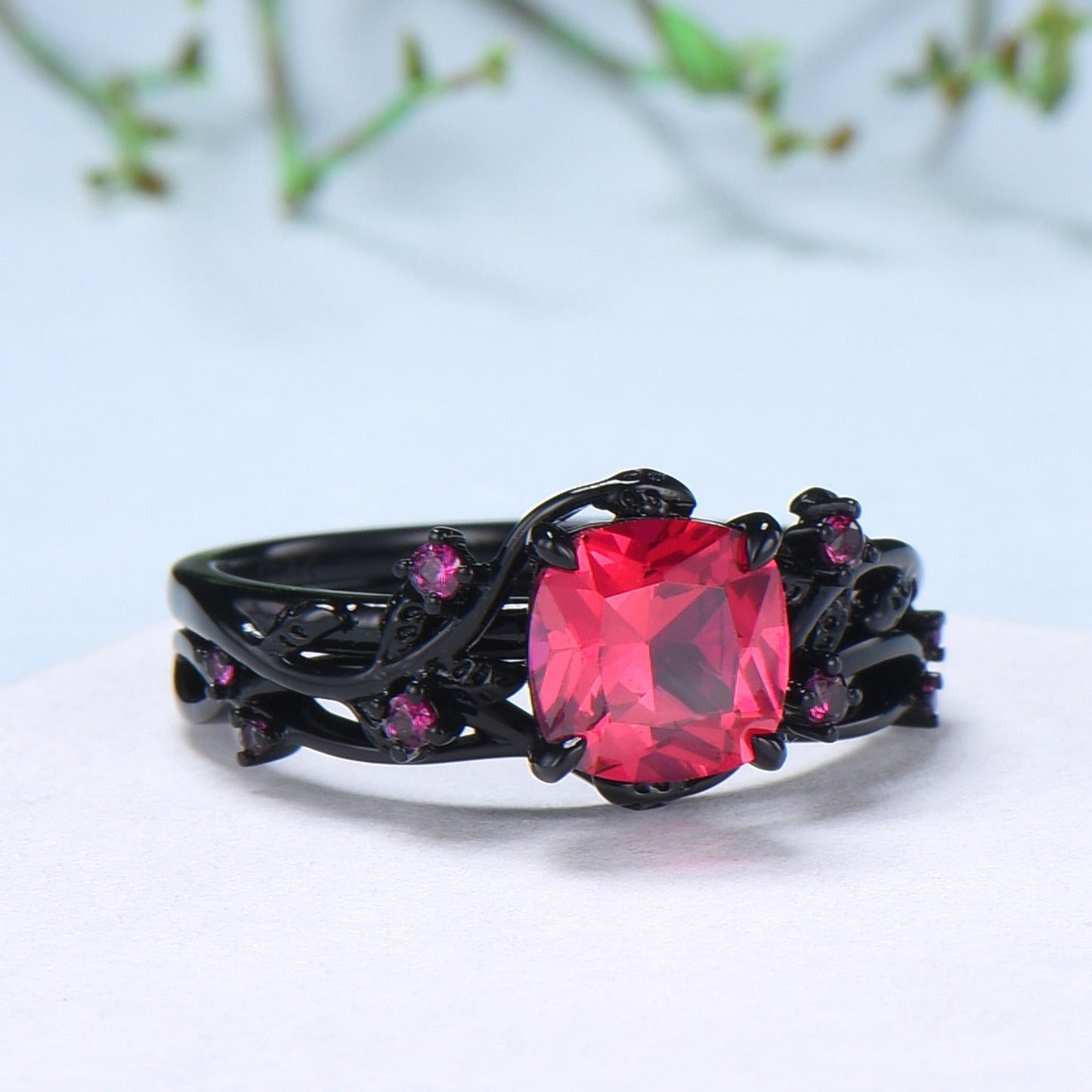 Unique gothic cushion cut ruby wedding ring set black gold natural inspired ruby engagement ring for women unique July birthstone bridal set