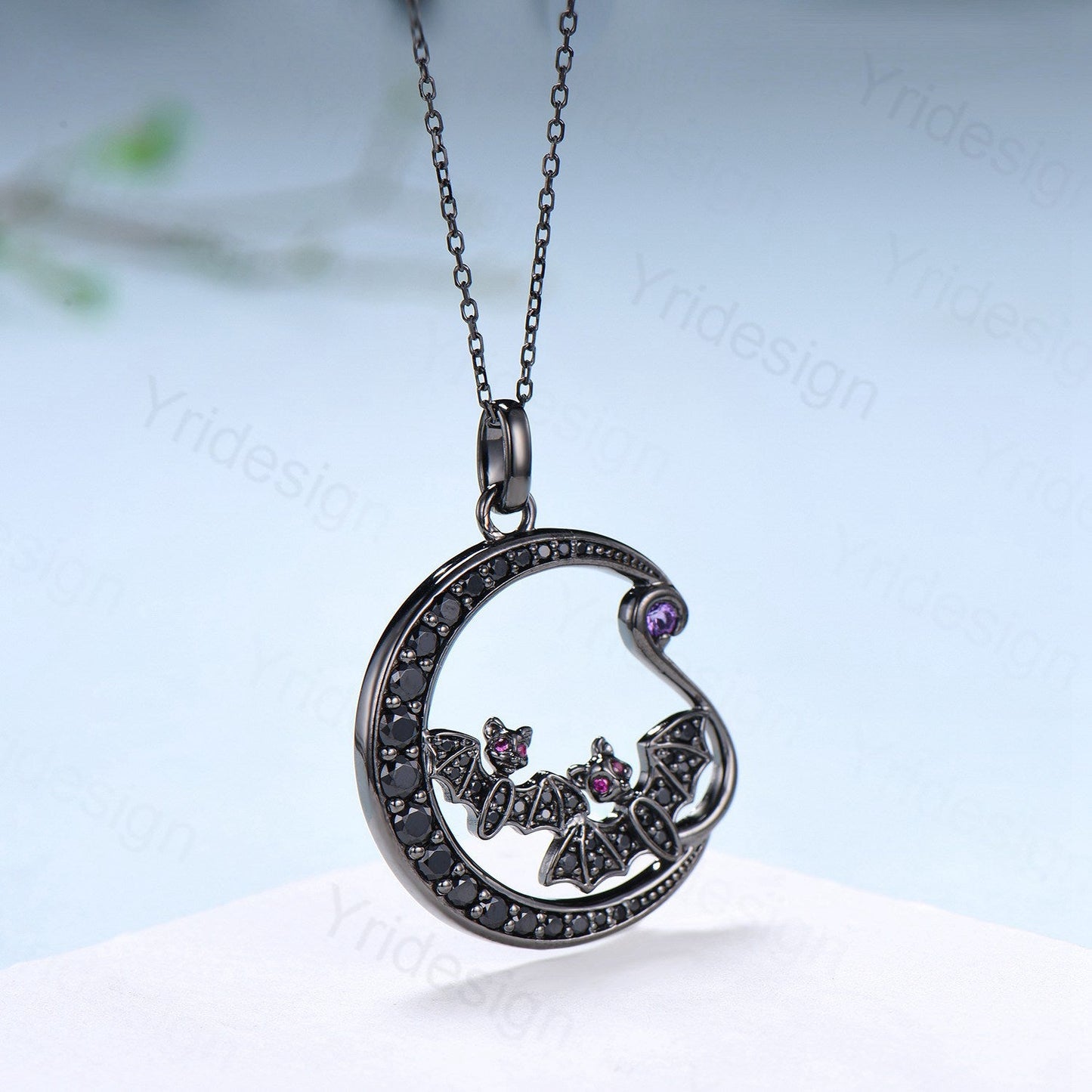 Unique Black Gold Night Moon Bat Gothic Pendant Necklace Magic Crescent Moon Amethyst Black Spinel Necklace Halloween Anniversary gift Women