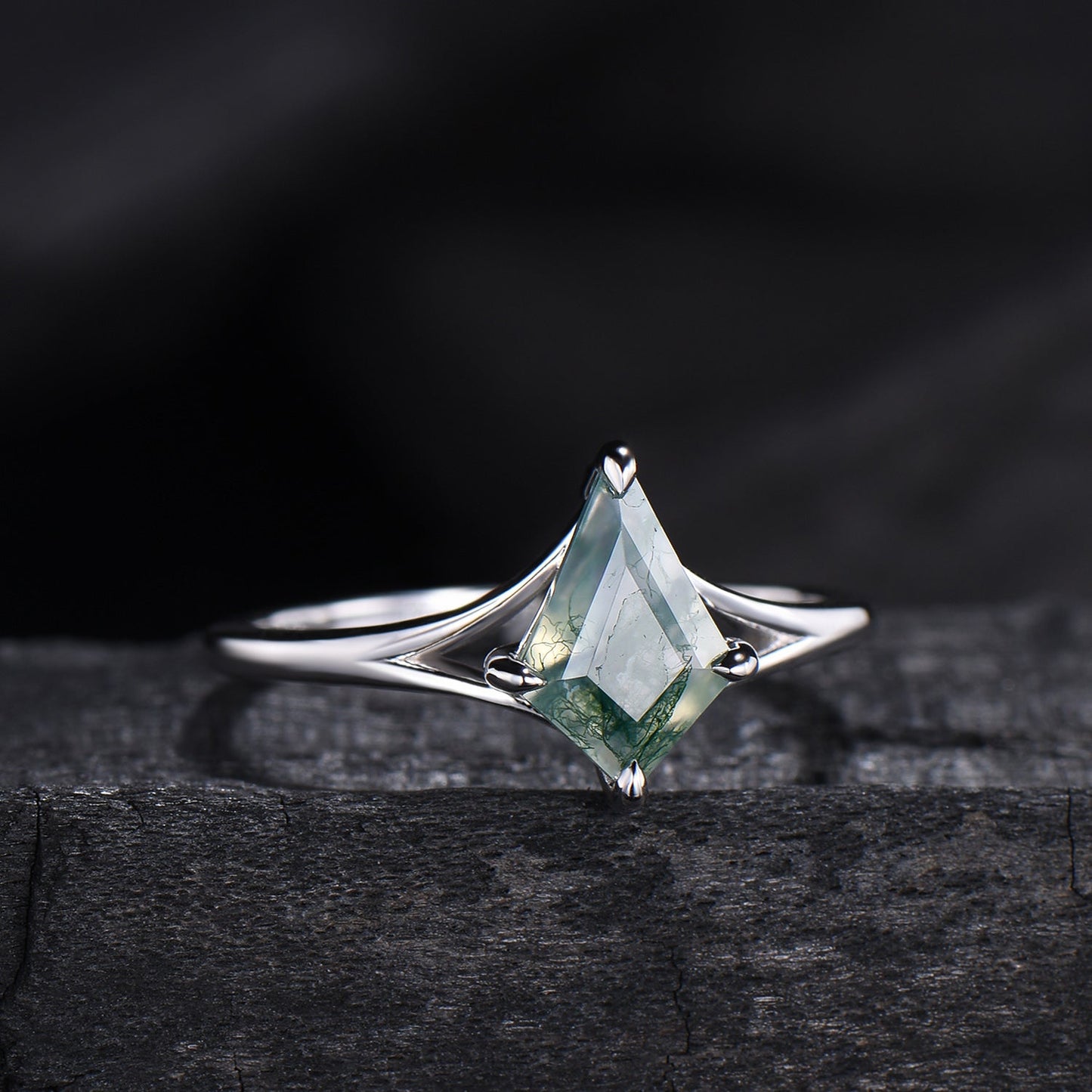 Kite Cut Moss Agate Engagement Ring | Split Shank Minimalist Promise Ring