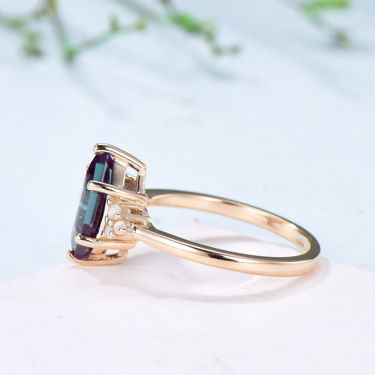 Octavia elongated hexagon alexandrite engagement ring cluster opal 14k yellow gold wedding ring for women Color change anniversary gift