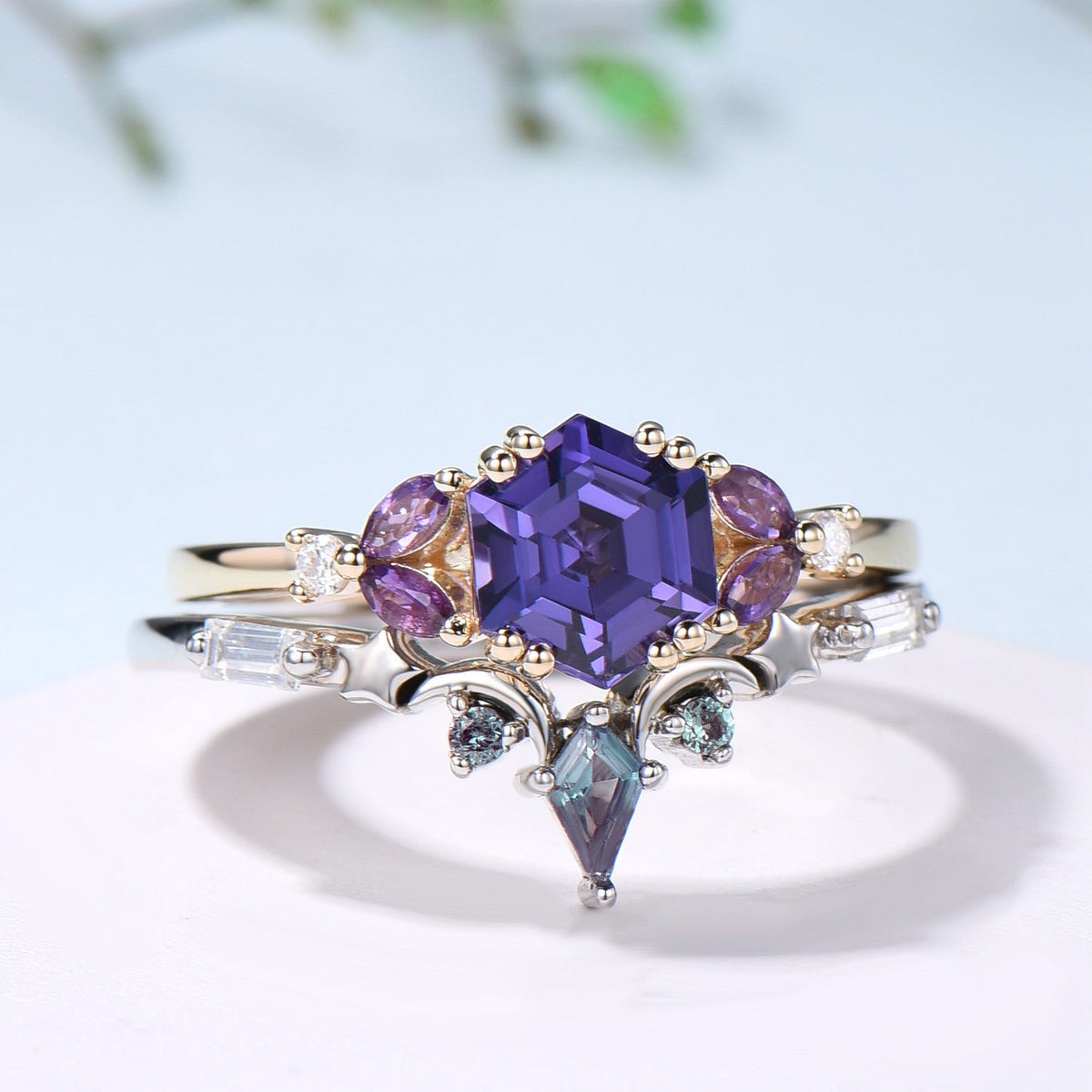 Unique Hexagon Purple Sapphire engagement ring set- moon star curved alexandrite wedding band