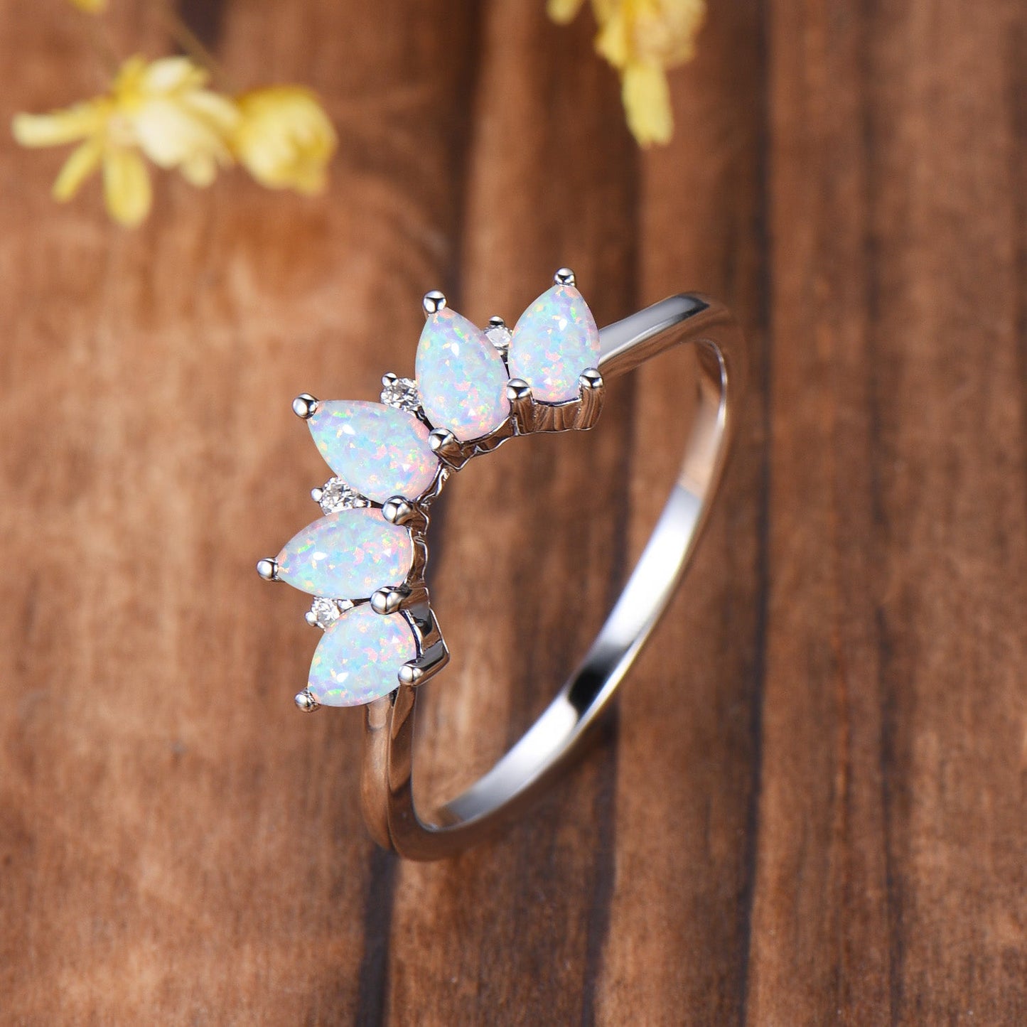 Vintage White Fire Opal Wedding Band, Curved Stacking Ring, 14K Rose Gold Five Stone