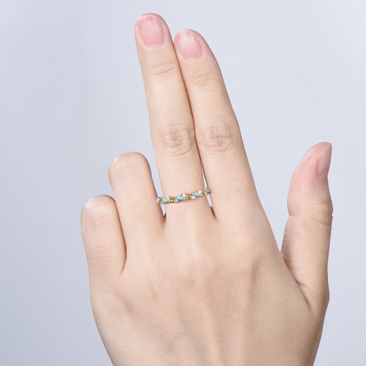 Vintage Yellow Gold Turquoise Opal Wedding Band, Peridot Moissanite Stacking Ring