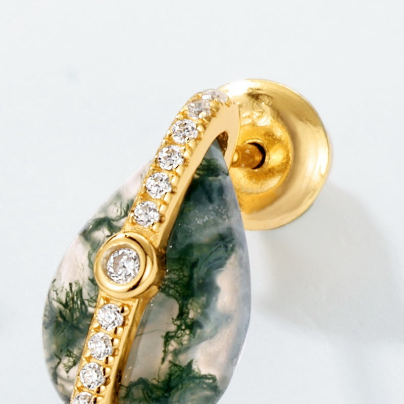 Orbit Pear Moss Agate Stud Earrings