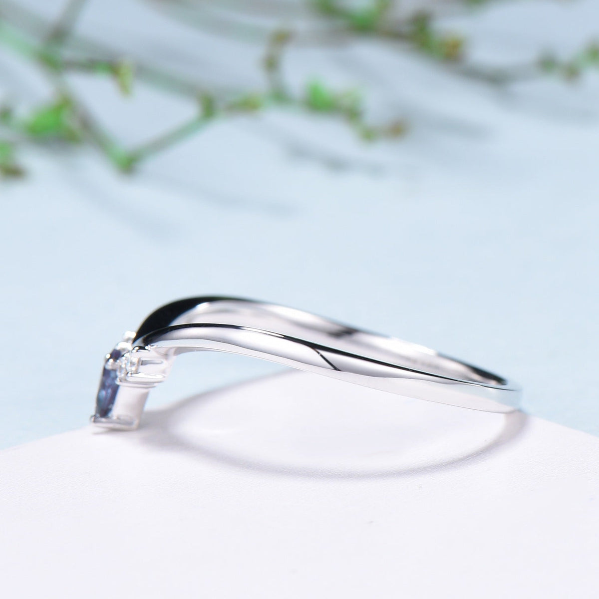 Dainty Curved Alexandrite Wedding Ring Women Kite Alexandrite Stacking Band Moissanite  Anniversary Ring Art Deco June Promise Ring For Her