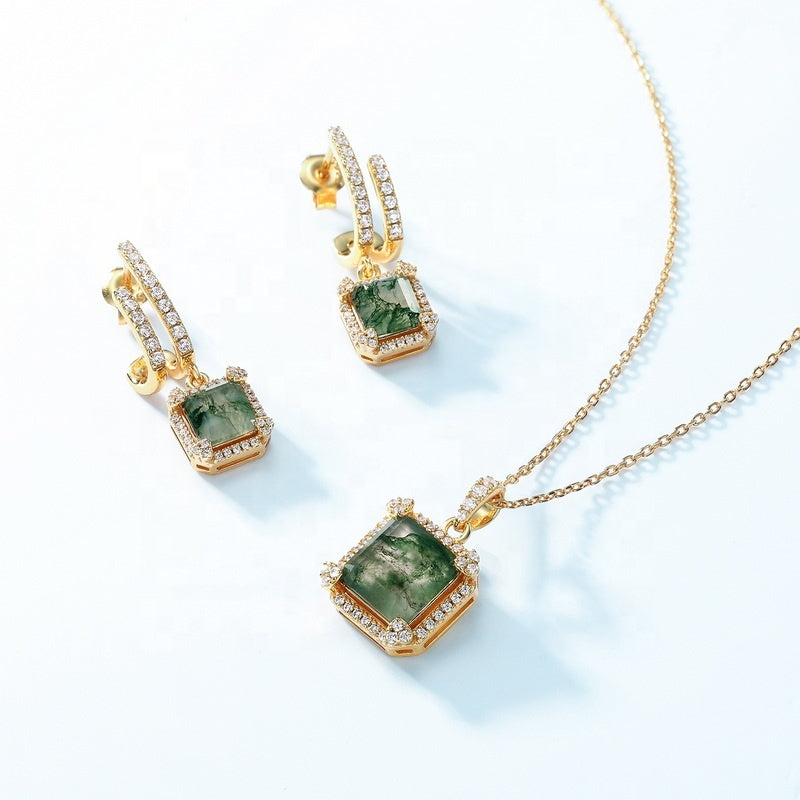Modern Double Hoop Moss Agate Earrings Square Halo Dangle Studs