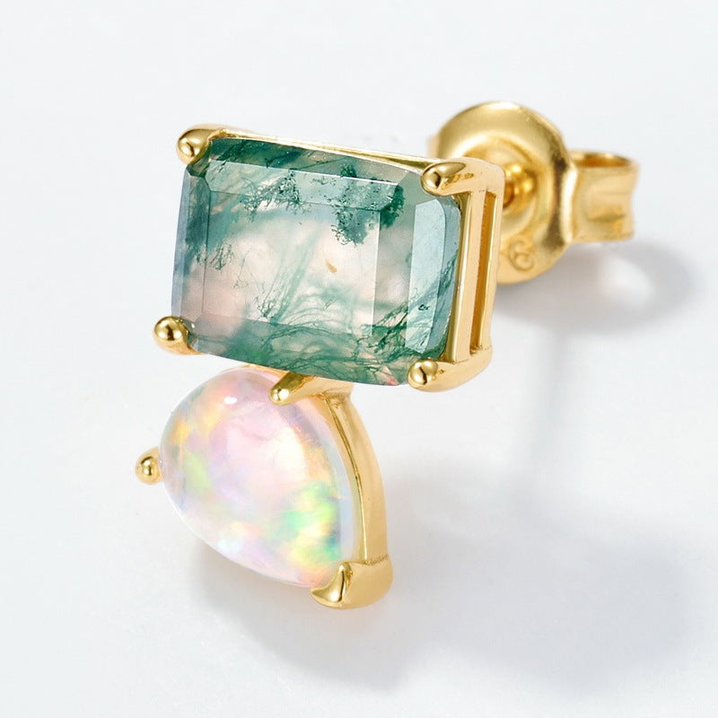 Twon Stone Emerald Cut Moss Agate & Pear White Opal Earrings for Women