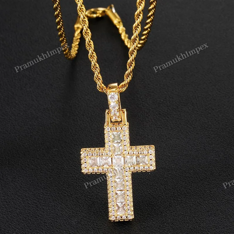 Trendy Design 925 Silver Yellow Gold Plating Moissanite Rugged Cross Necklace