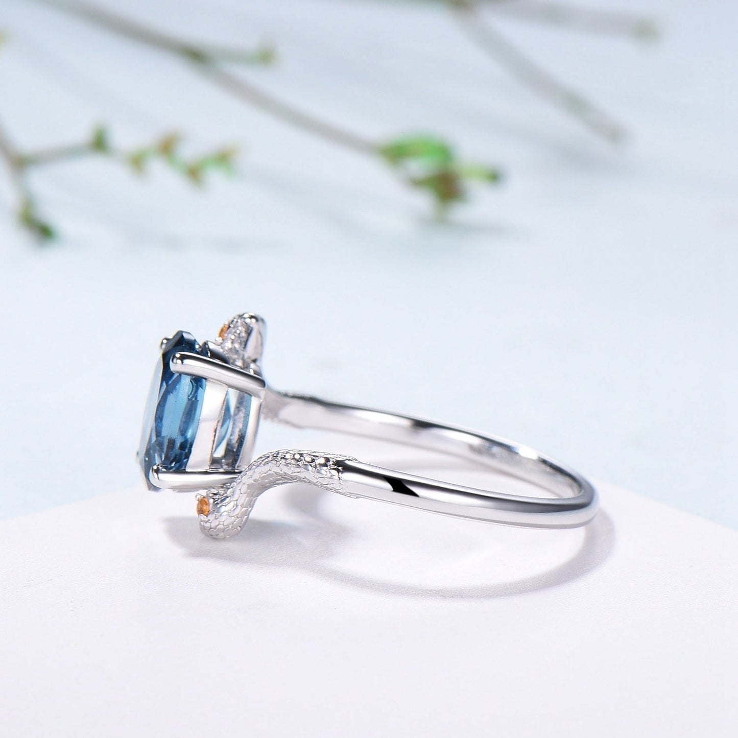 Snake Ring: London Blue Topaz, Citrine, Handmade Gold Anniversary Ring