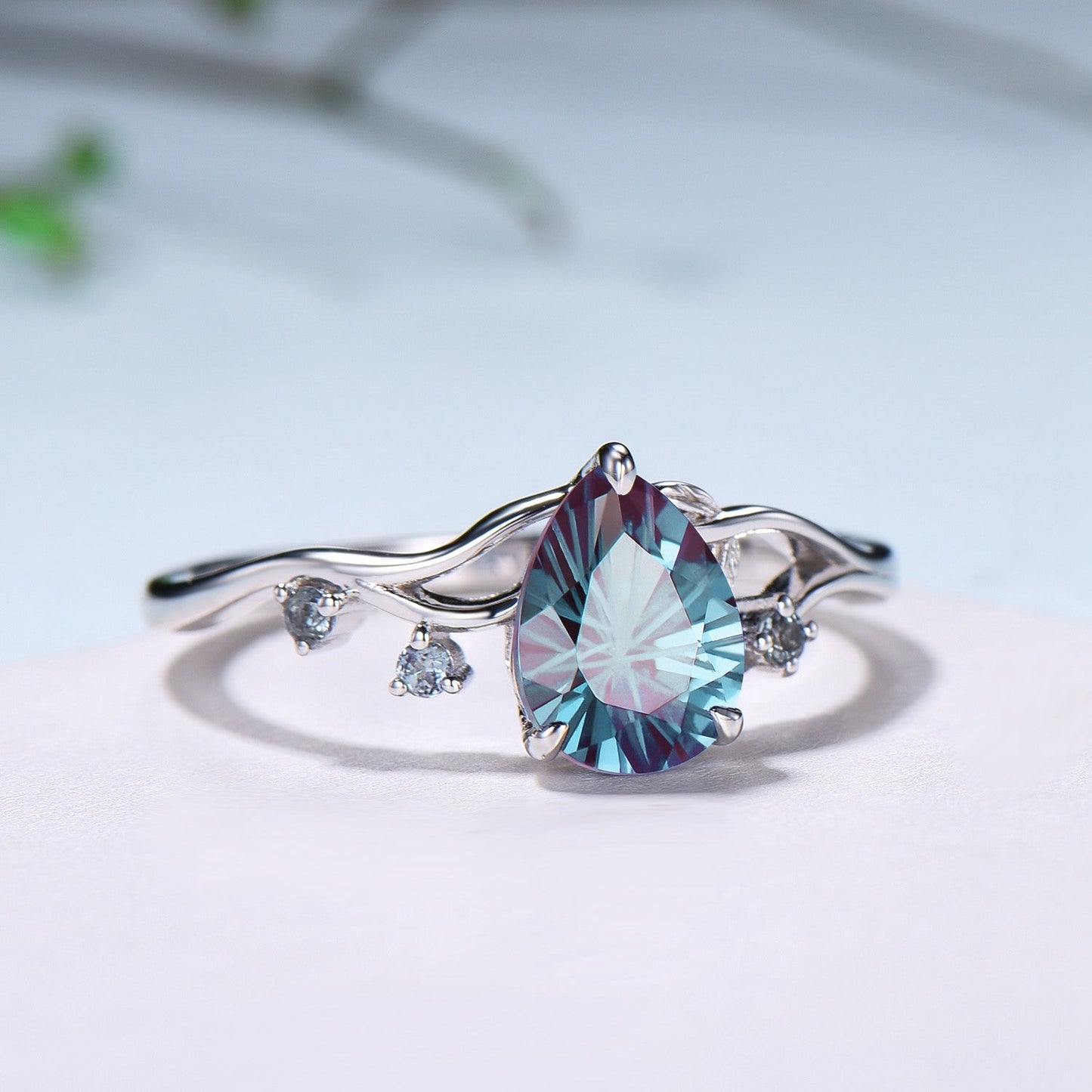 Unique Pear Shaped Firework Cut Alexandrite Engagement Ring, Nature Inspired Leaf Twig Gold Ring