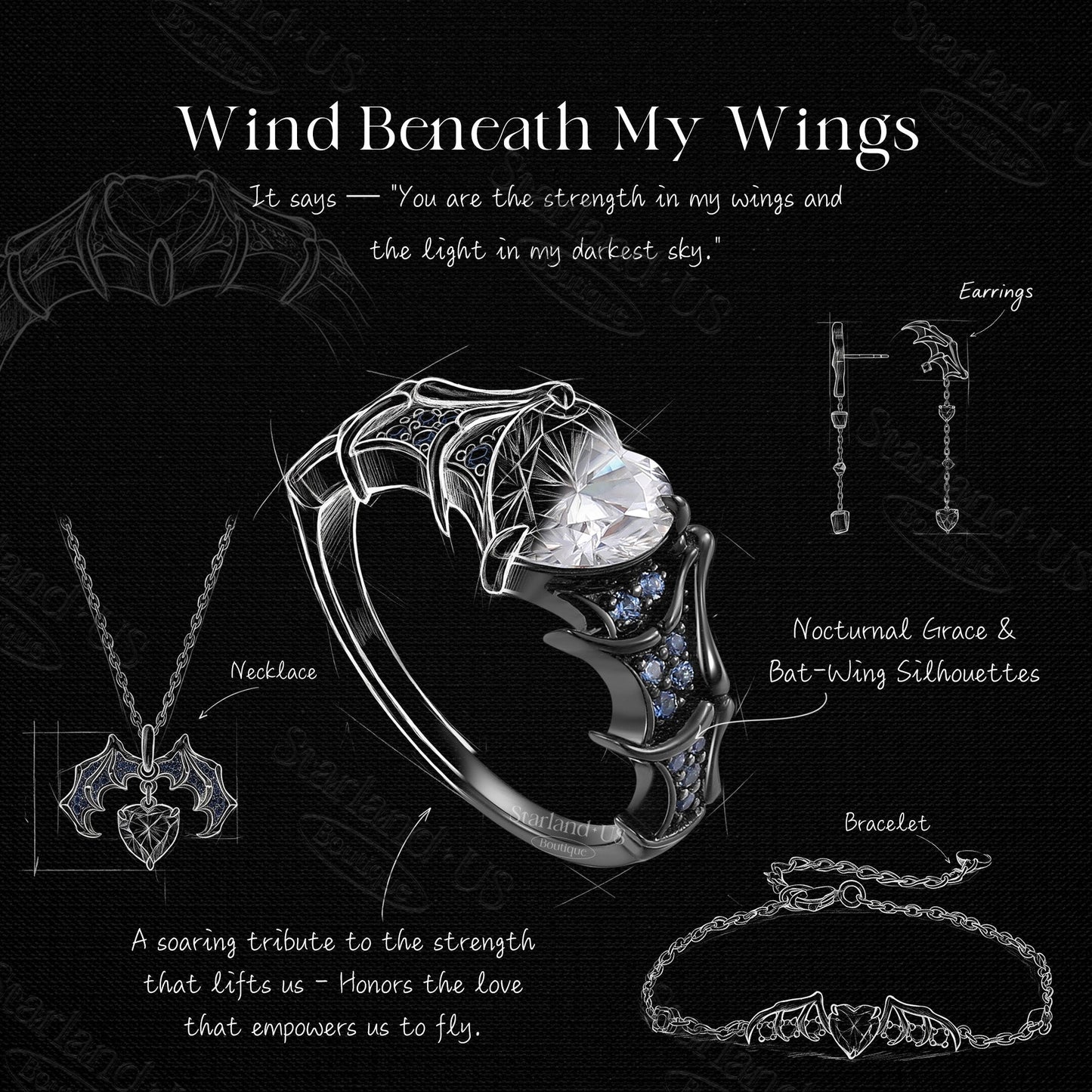 Unique Gothic Style Bat Wing Inspired Heart Shaped Moissanite Black Gold Halloween Jewelry Set - The Bat Collection