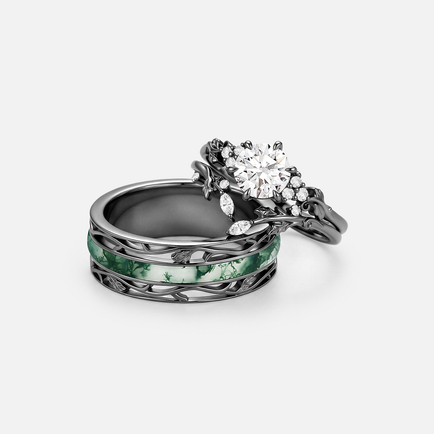 Nature Inspired Round Moissanite & Moss Agate Engraved Couple Ring Set 3pcs - Fable