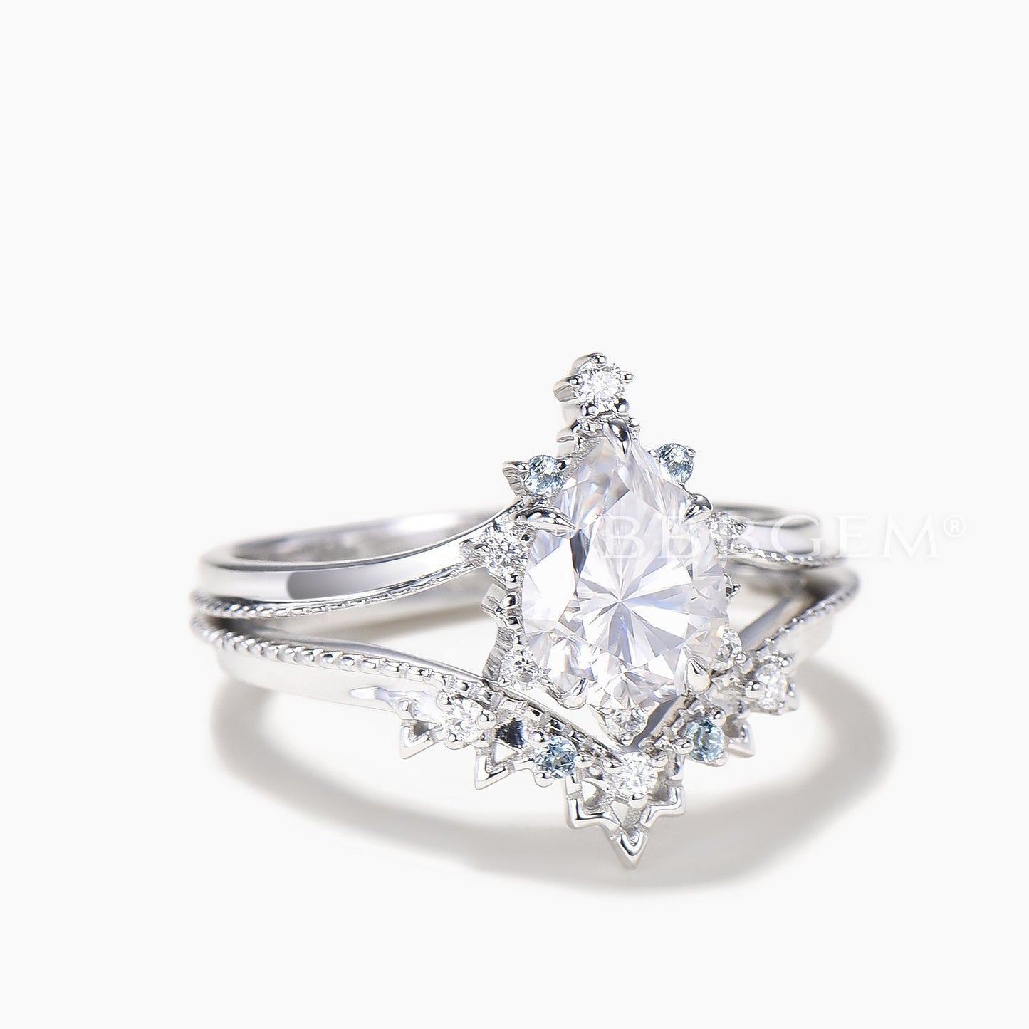 Pear Cut IGI Certificate Lab Grown Diamond Curved Ring Set Topaz Crown Band