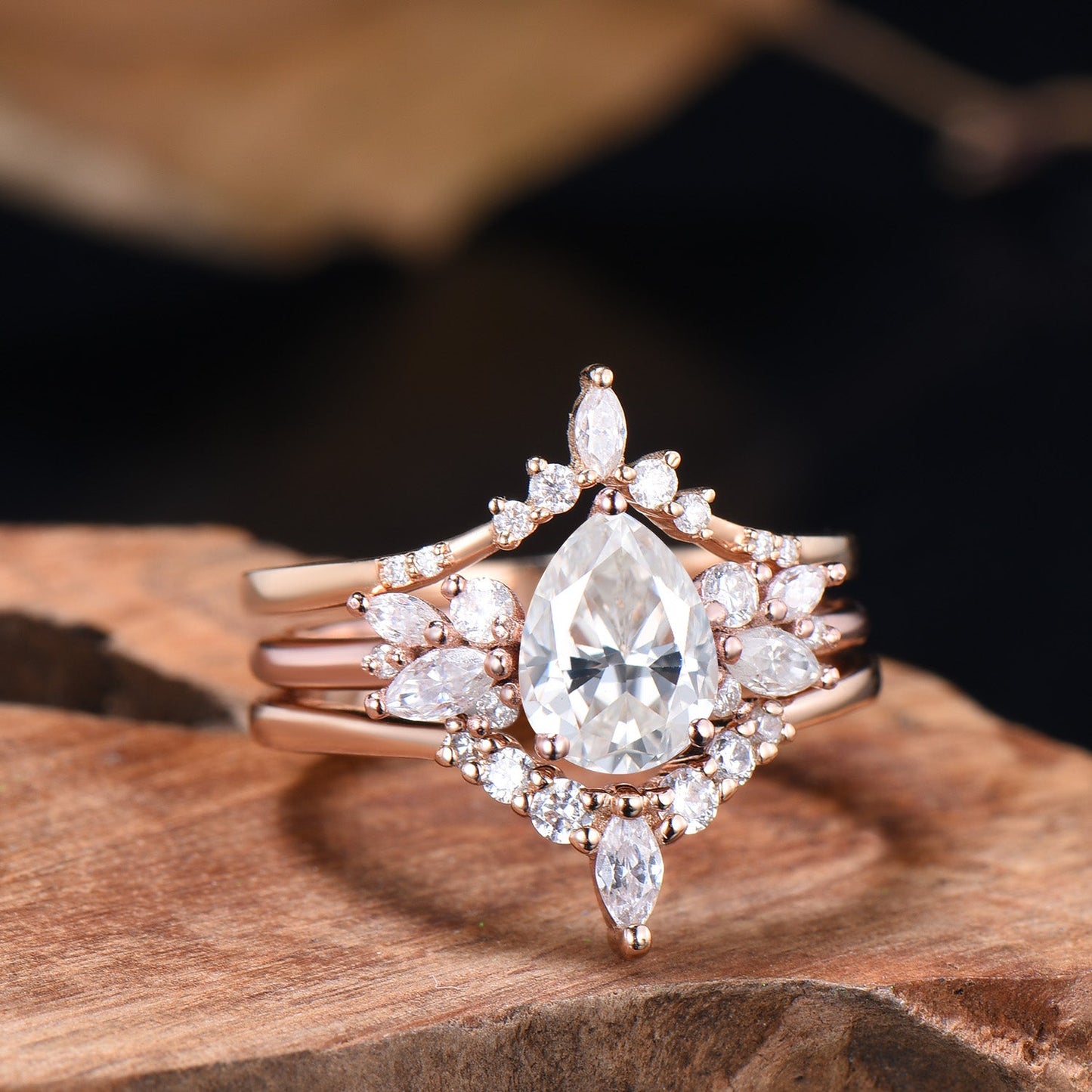 3pcs Moissanite Bridal Set 1.25CT Teardrop Shaped Moissanite Engagement Ring 14k Rose Gold Curved Wedding Band Anniversary Gifts For Women