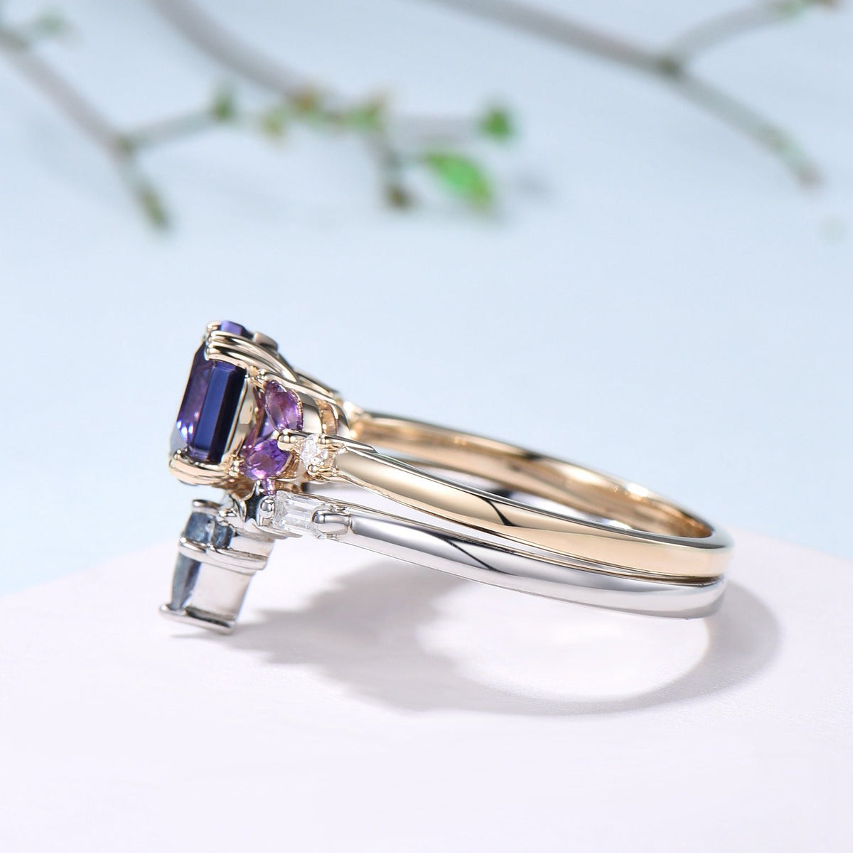 Unique Hexagon Purple Sapphire engagement ring set- moon star curved alexandrite wedding band
