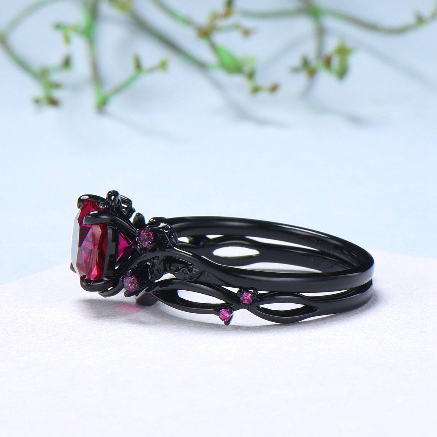 Unique gothic cushion cut ruby wedding ring set black gold natural inspired ruby engagement ring for women unique July birthstone bridal set