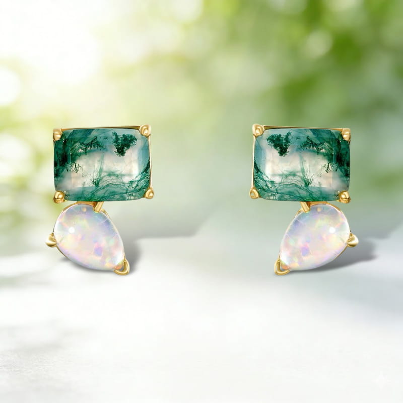 Twon Stone Emerald Cut Moss Agate & Pear White Opal Earrings for Women