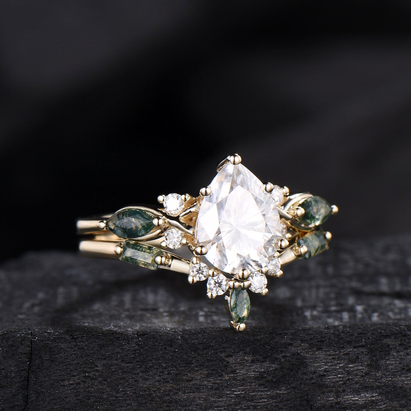Vintage Pear Shaped Lab Grown Diamond Engagement Ring Set Marquise Moss Agate Wedding Ring Set