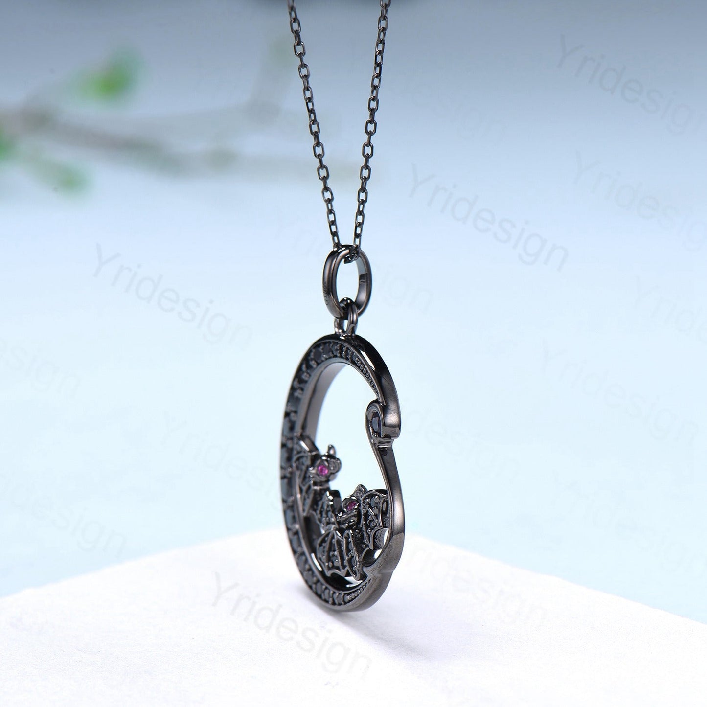 Unique Black Gold Night Moon Bat Gothic Pendant Necklace Magic Crescent Moon Amethyst Black Spinel Necklace Halloween Anniversary gift Women