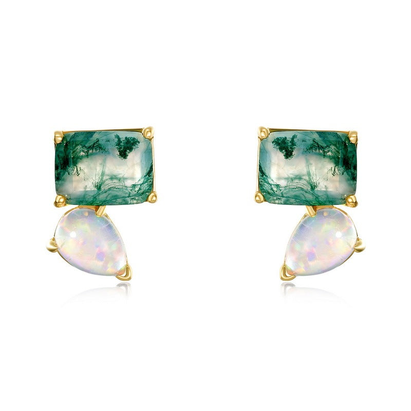 Twon Stone Emerald Cut Moss Agate & Pear White Opal Earrings for Women