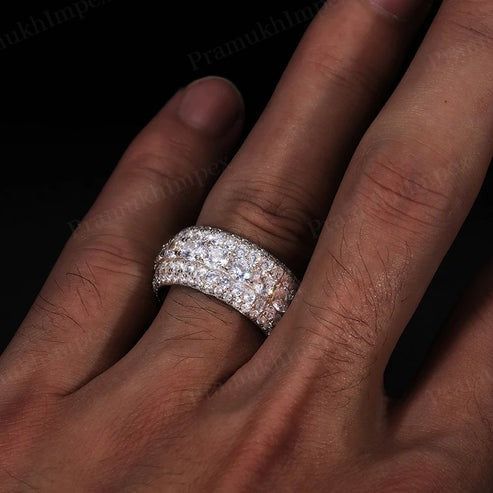 Hip Hop Men's Style VVS Moissanite Silver Gold Plated Eternity Band Ring