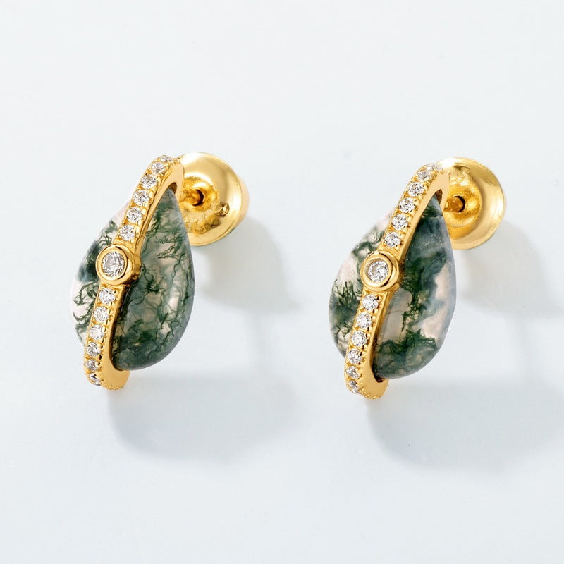 Orbit Pear Moss Agate Stud Earrings