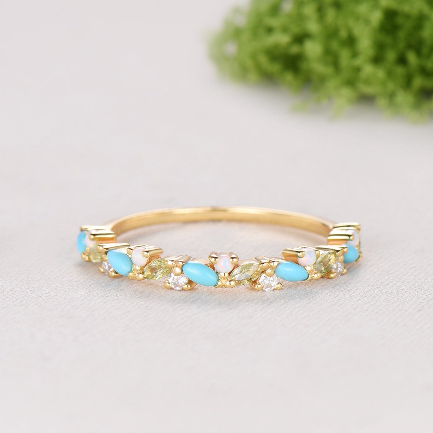 Vintage Yellow Gold Turquoise Opal Wedding Band, Peridot Moissanite Stacking Ring