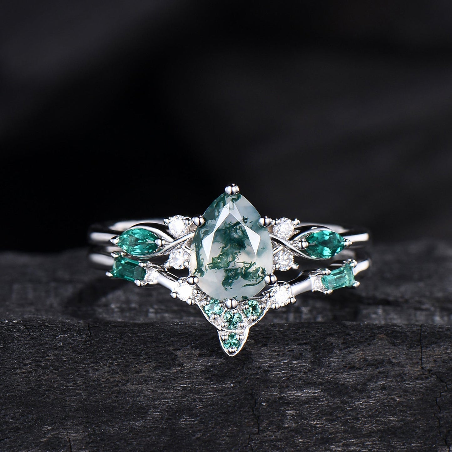 1.25 CT Pear shaped natural moss agate engagement ring rose gold infinity twisted Celtic knot Baguette cut emerald bridal ring set women