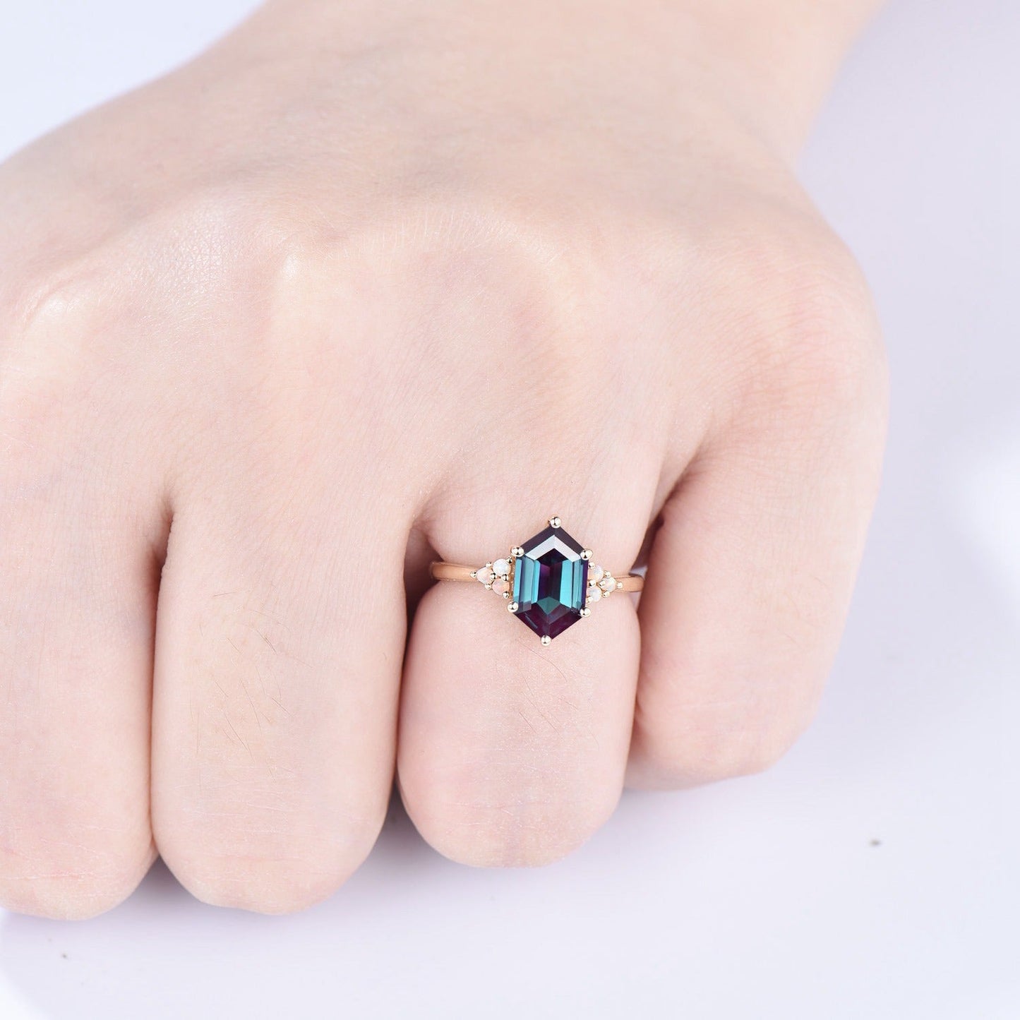 Octavia elongated hexagon alexandrite engagement ring cluster opal 14k yellow gold wedding ring for women Color change anniversary gift
