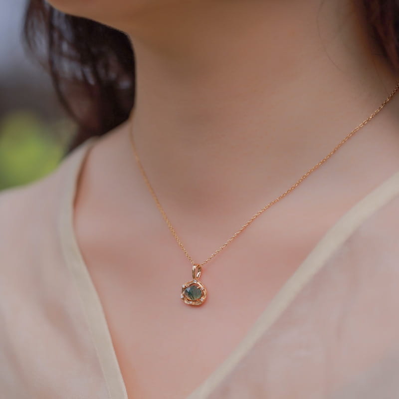 The Enchanted Nest | Oval Moss Agate Necklace with Halo Accents