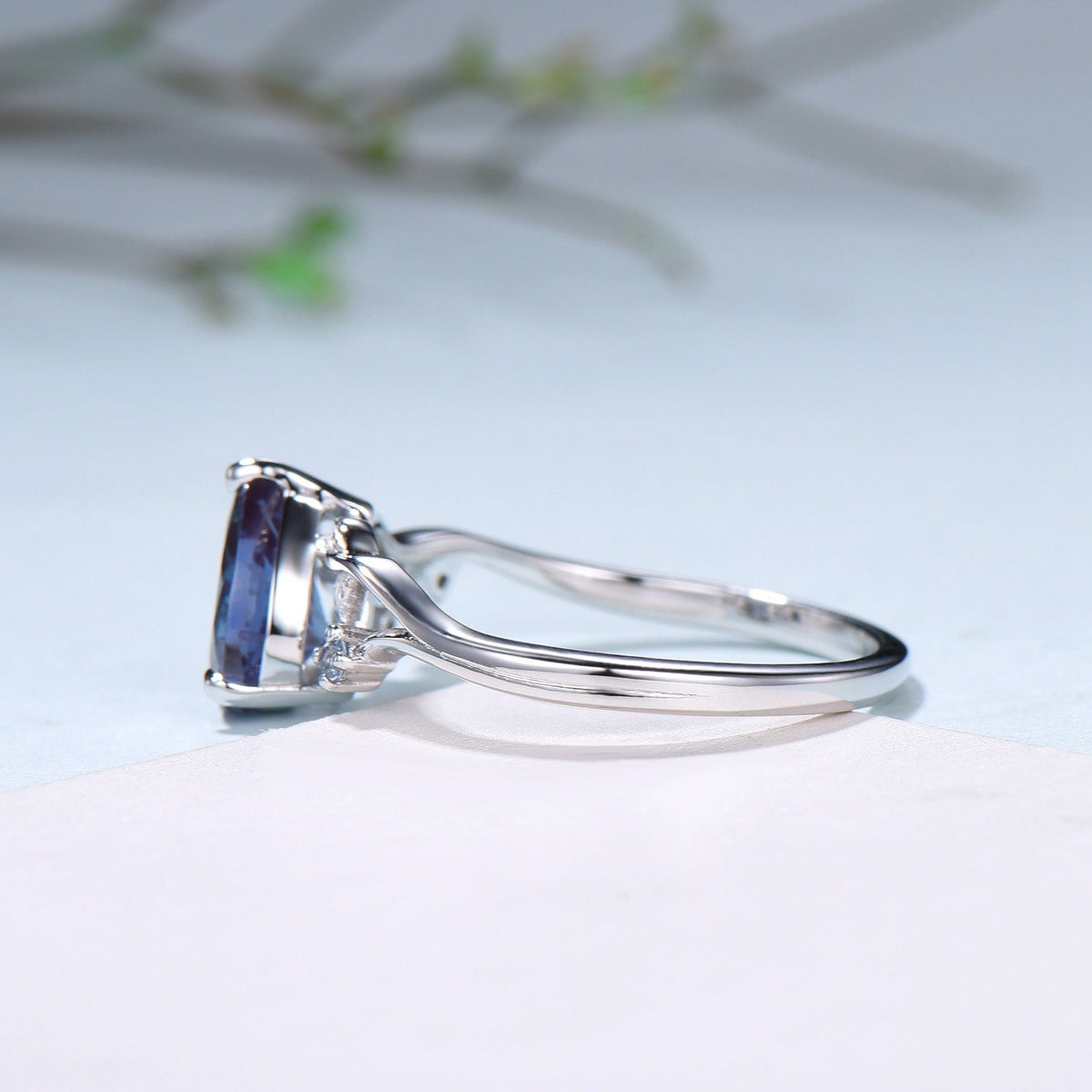 Unique Pear Shaped Firework Cut Alexandrite Engagement Ring, Nature Inspired Leaf Twig Gold Ring