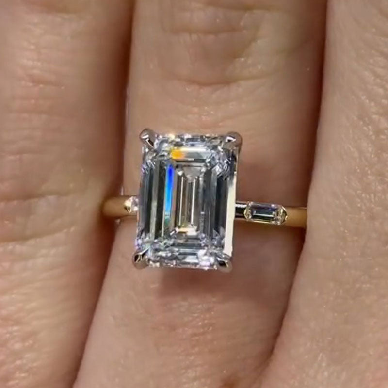 Two Tone Emerald Cut Sterling Silver Engagement Ring