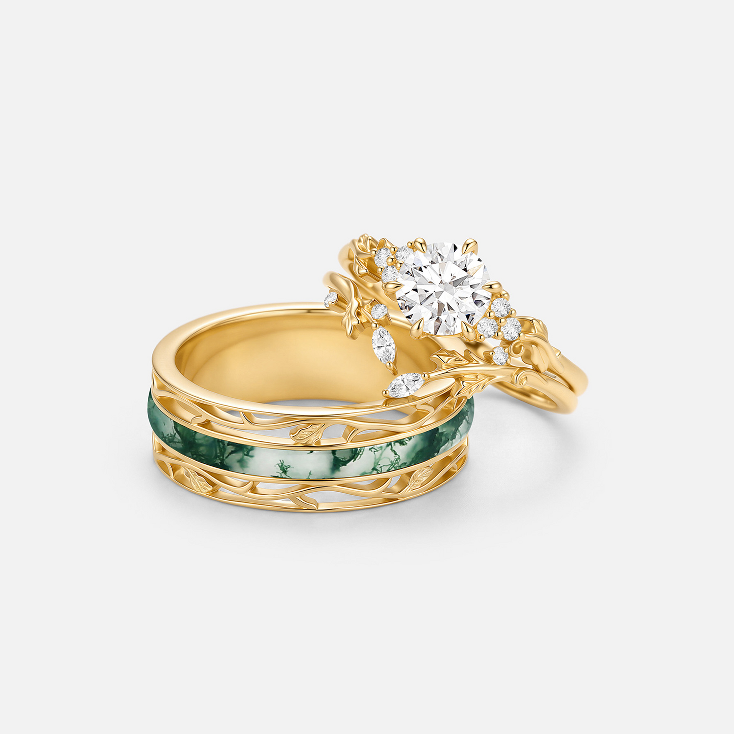 Nature Inspired Round Moissanite & Moss Agate Engraved Couple Ring Set 3pcs - Fable