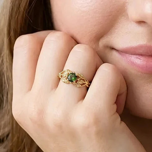 Scarlett’s Laurel | Round Red Sapphire Solitaire with Laurel Leaves Engagement Ring