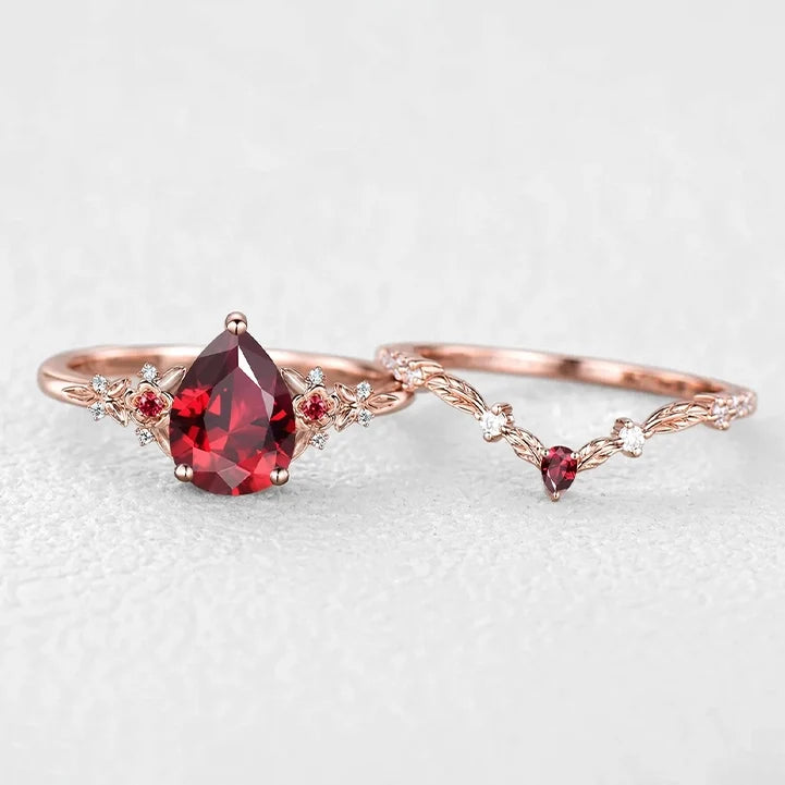 Scarlett’s Twig | Vintage Pear Red Ruby & Diamond Floral Bridal Set 2pcs