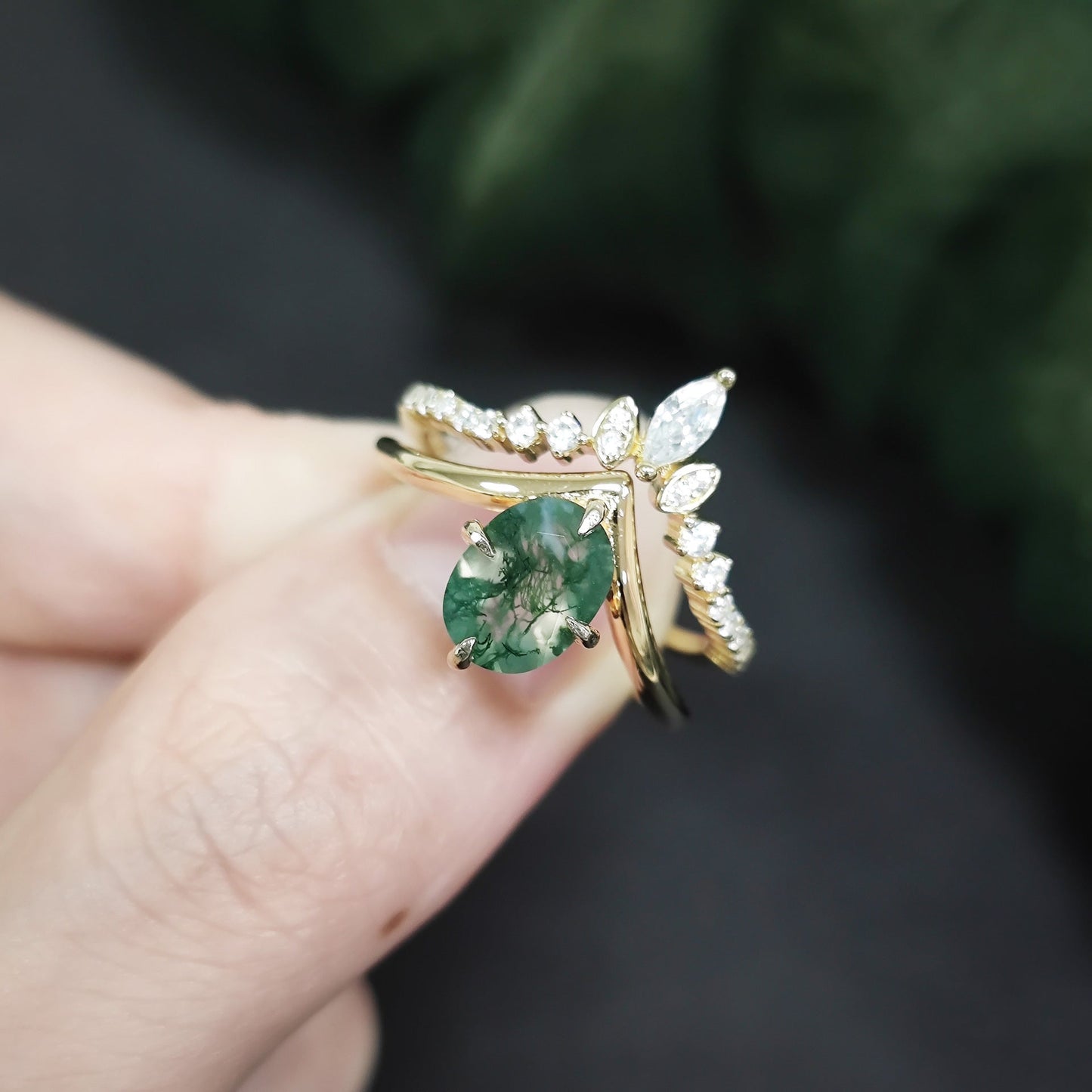 Unique Oval Moss Agate Stacking Engagement Ring