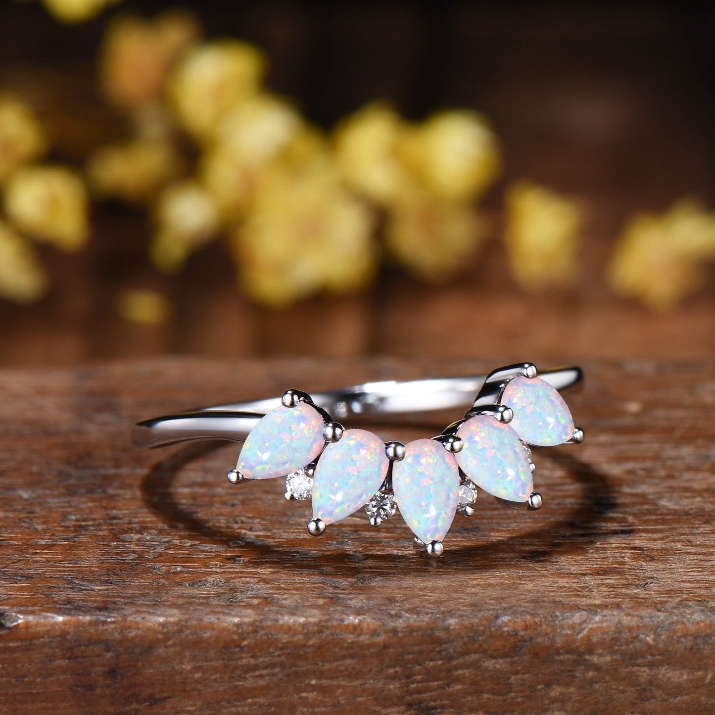 Vintage White Fire Opal Wedding Band, Curved Stacking Ring, 14K Rose Gold Five Stone