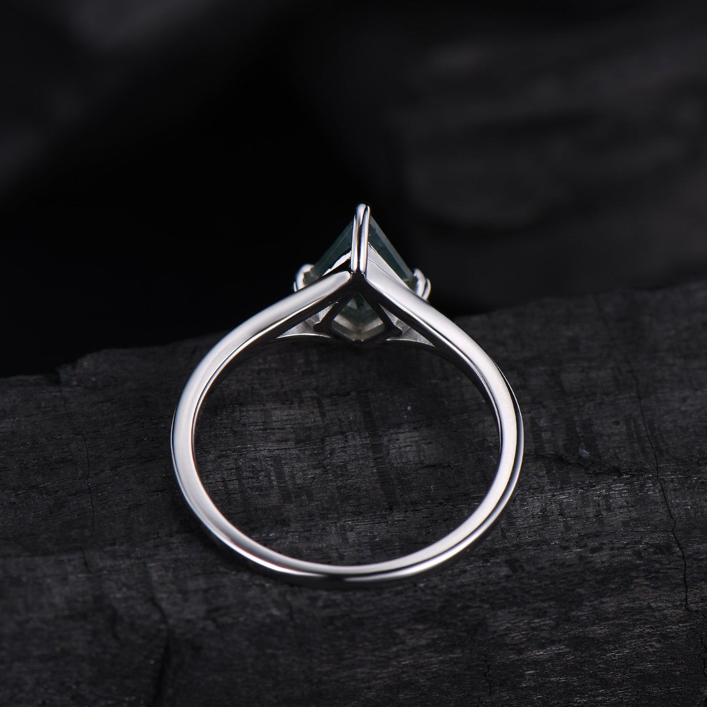 Kite Cut Moss Agate Engagement Ring | Split Shank Minimalist Promise Ring