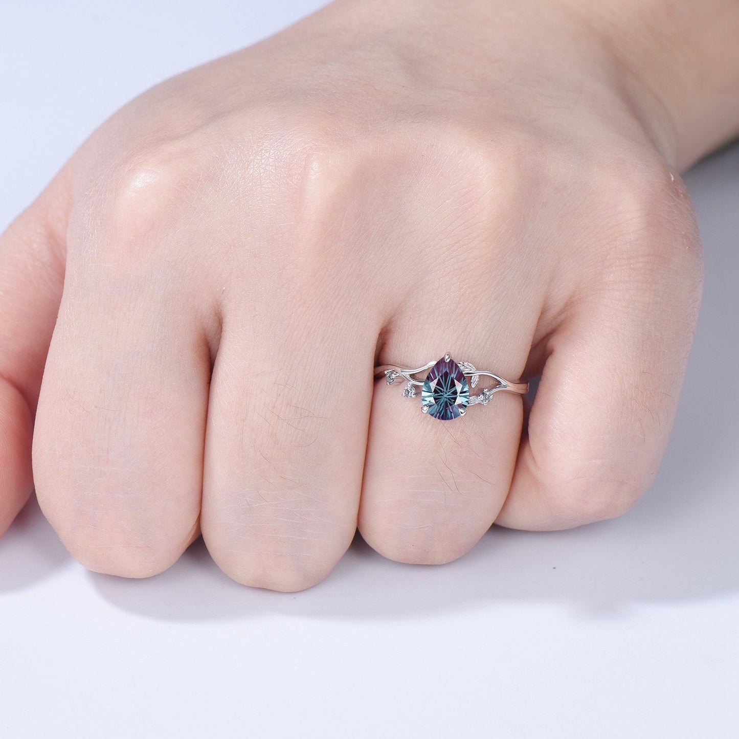Unique Pear Shaped Firework Cut Alexandrite Engagement Ring, Nature Inspired Leaf Twig Gold Ring