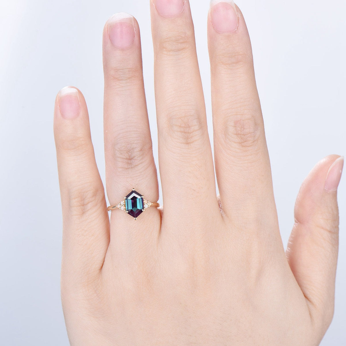 Octavia elongated hexagon alexandrite engagement ring cluster opal 14k yellow gold wedding ring for women Color change anniversary gift