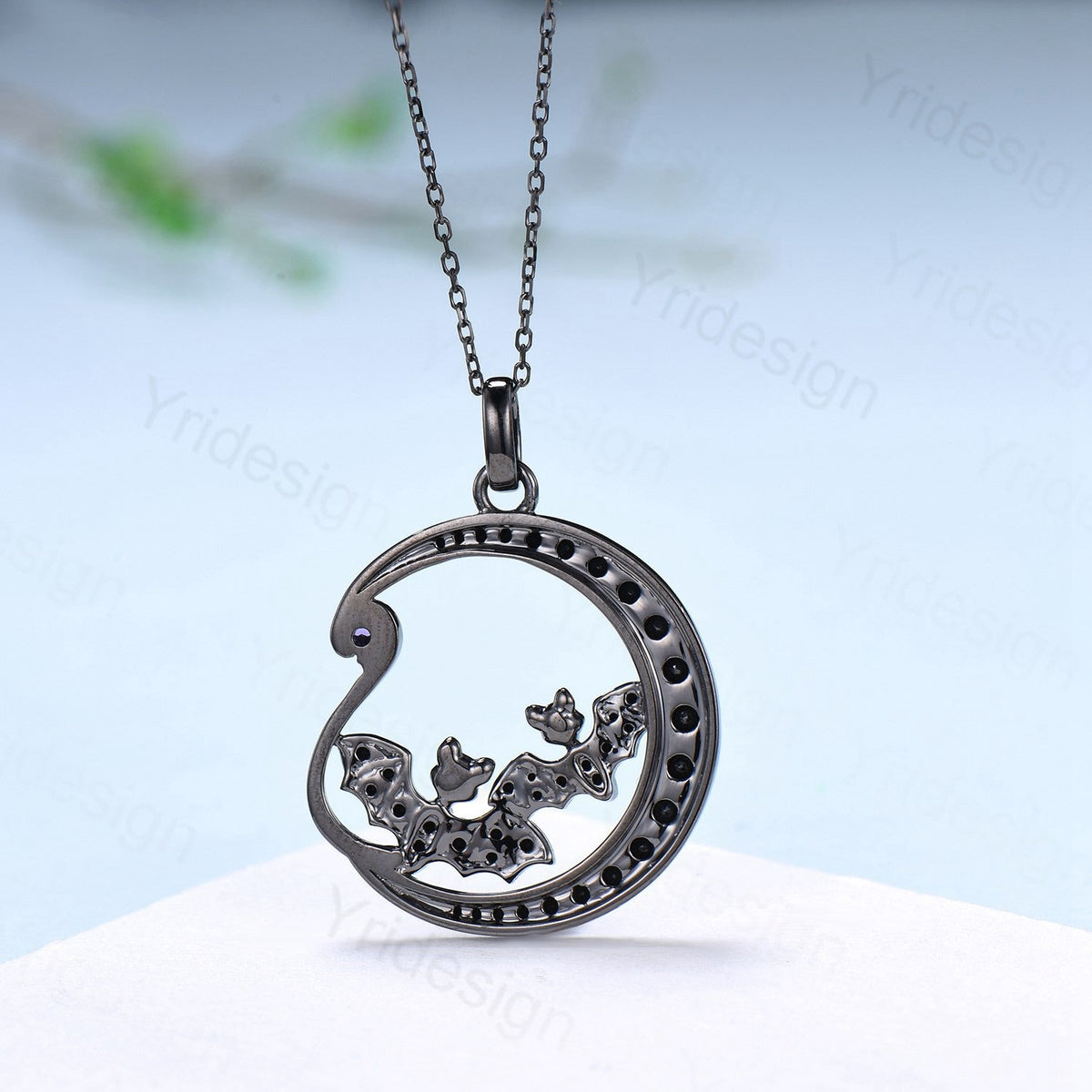 Unique Black Gold Night Moon Bat Gothic Pendant Necklace Magic Crescent Moon Amethyst Black Spinel Necklace Halloween Anniversary gift Women