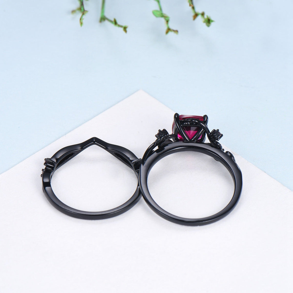 Unique gothic cushion cut ruby wedding ring set black gold natural inspired ruby engagement ring for women unique July birthstone bridal set