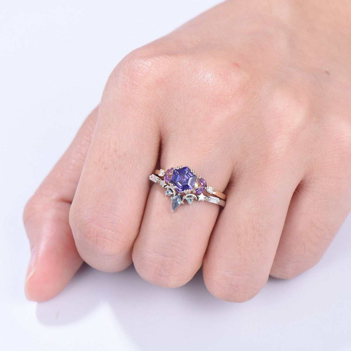 Unique Hexagon Purple Sapphire engagement ring set- moon star curved alexandrite wedding band