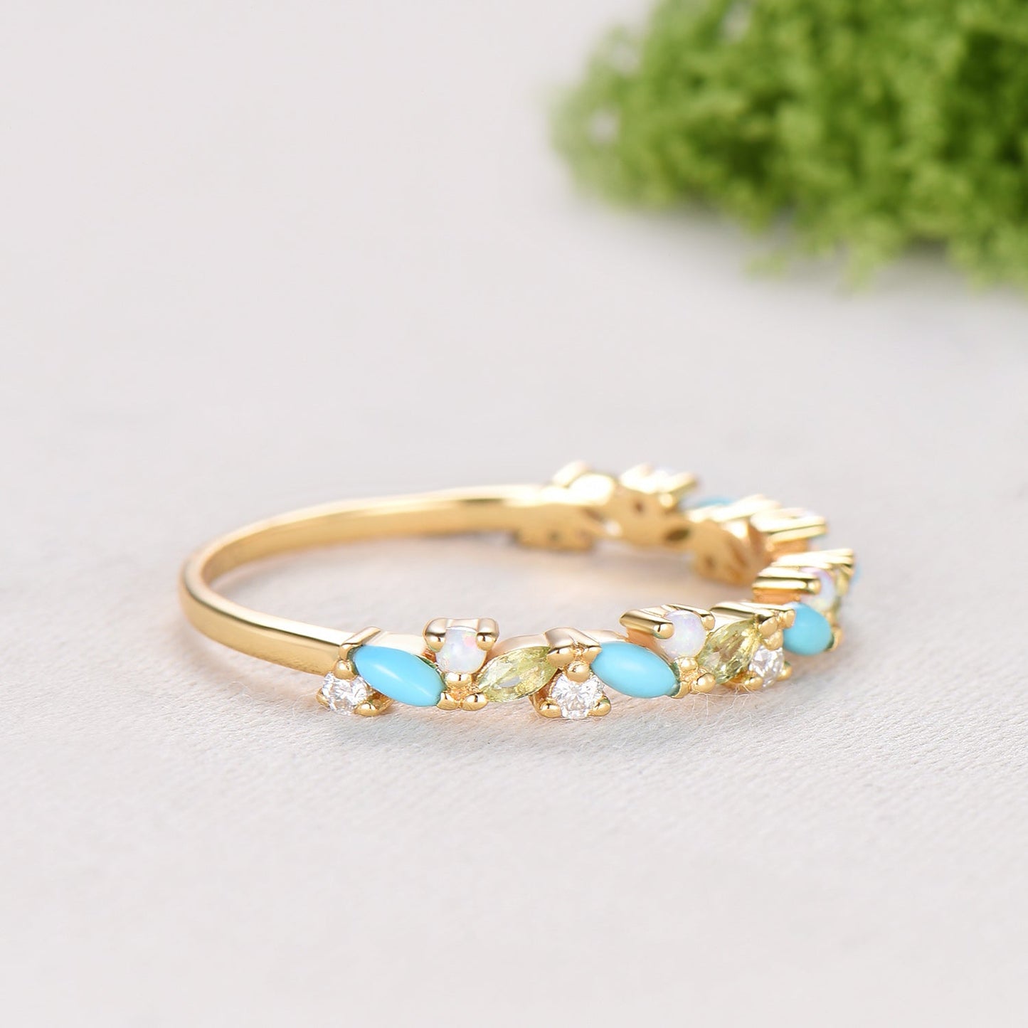 Vintage Yellow Gold Turquoise Opal Wedding Band, Peridot Moissanite Stacking Ring