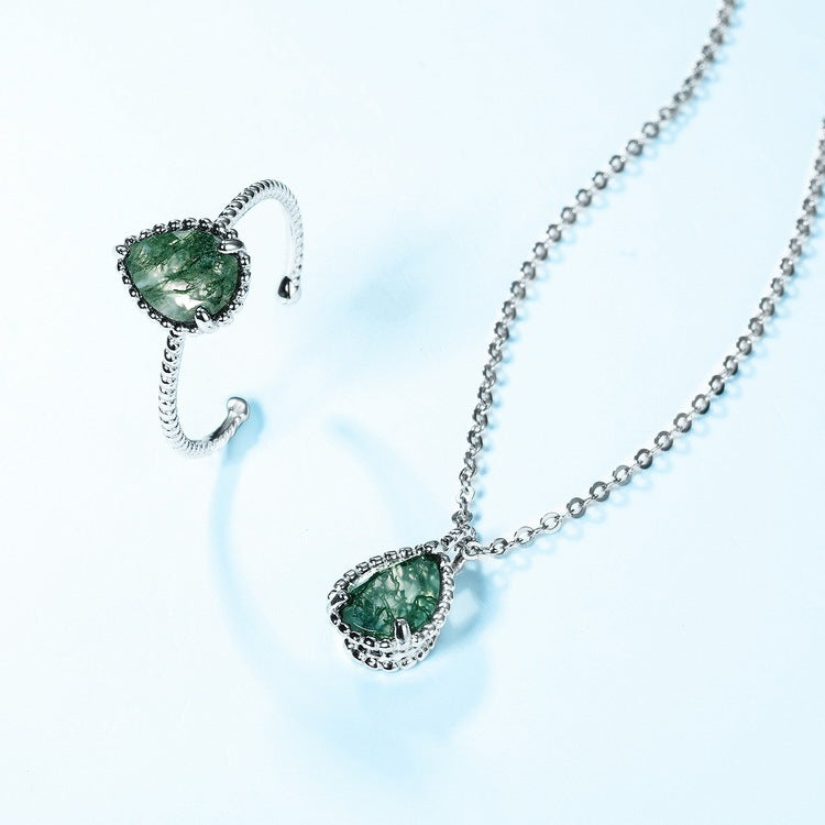 6x8mm Pear Shaped Moss Agate Milgrain Bead Necklace Pendant