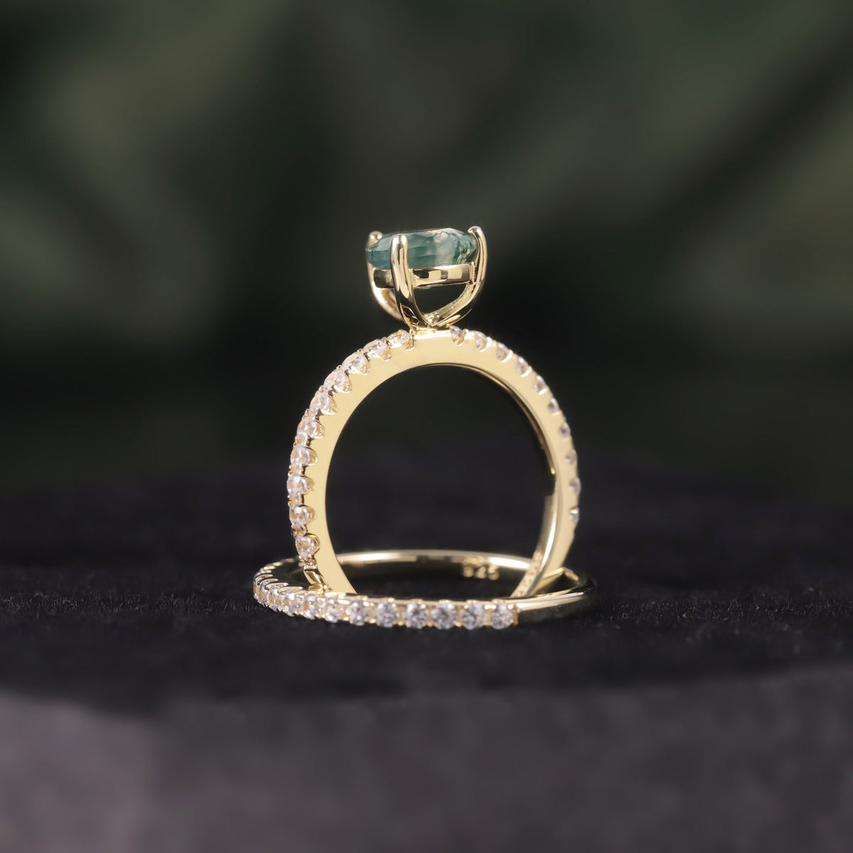 Pear Shaped Moss Agate Engagement Classic Solitaire Ring Set 2pcs