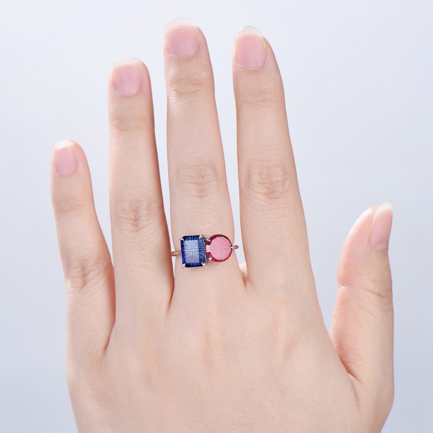 Starburst Cut Toi et Moi Engagement Ring  Emerald Red Ruby and Round Blue Sapphire Promise Ring